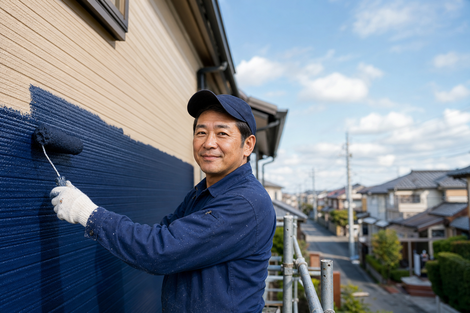 成和美装の職人が朝霞市の戸建住宅で外壁塗装を行っている様子
