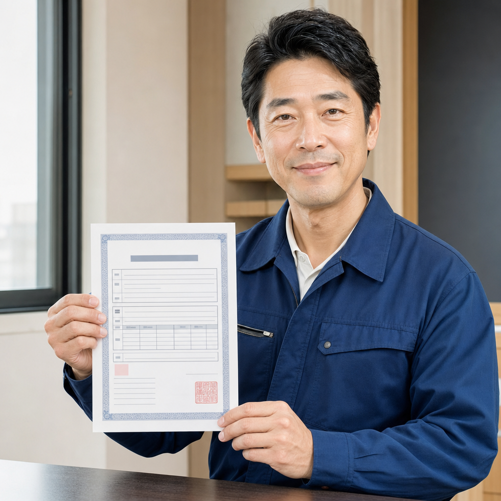 保証書を持つ職人
